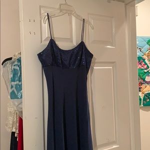 Linda Bernell long blue sequin prom dress